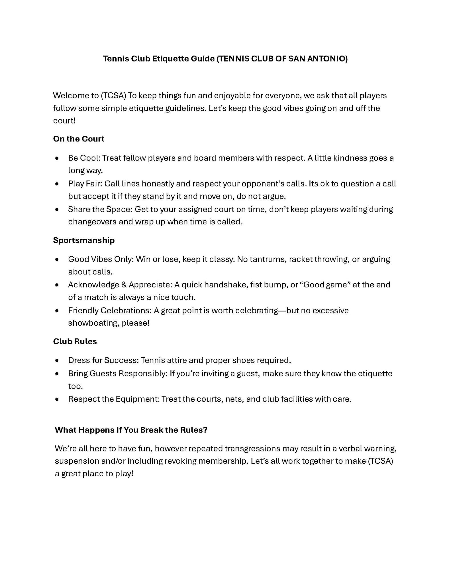 Tennis Club Etiquette Guide. A readable text version follows.